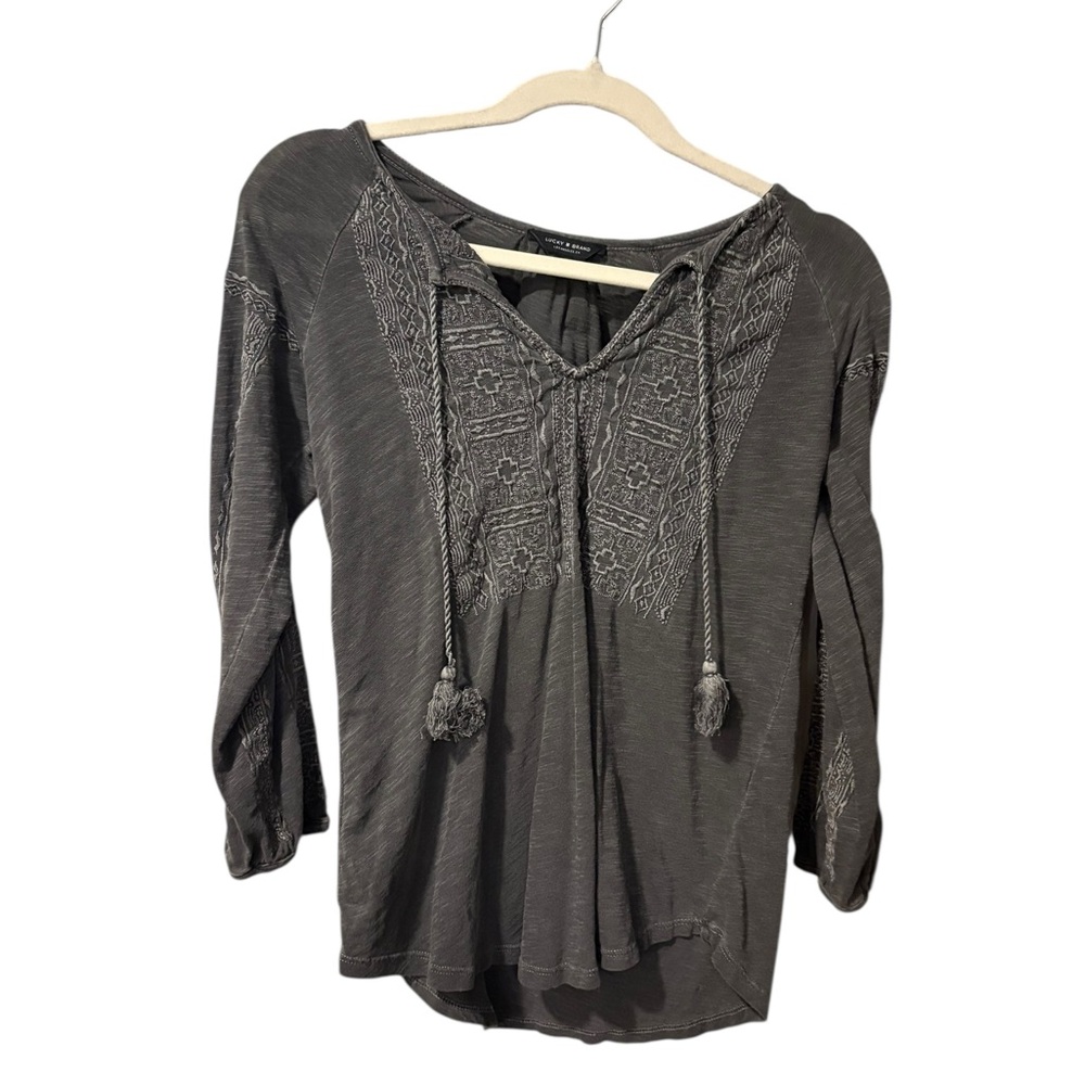 Lucky Brand Charcoal Gray Embroidered Peasant Blouse